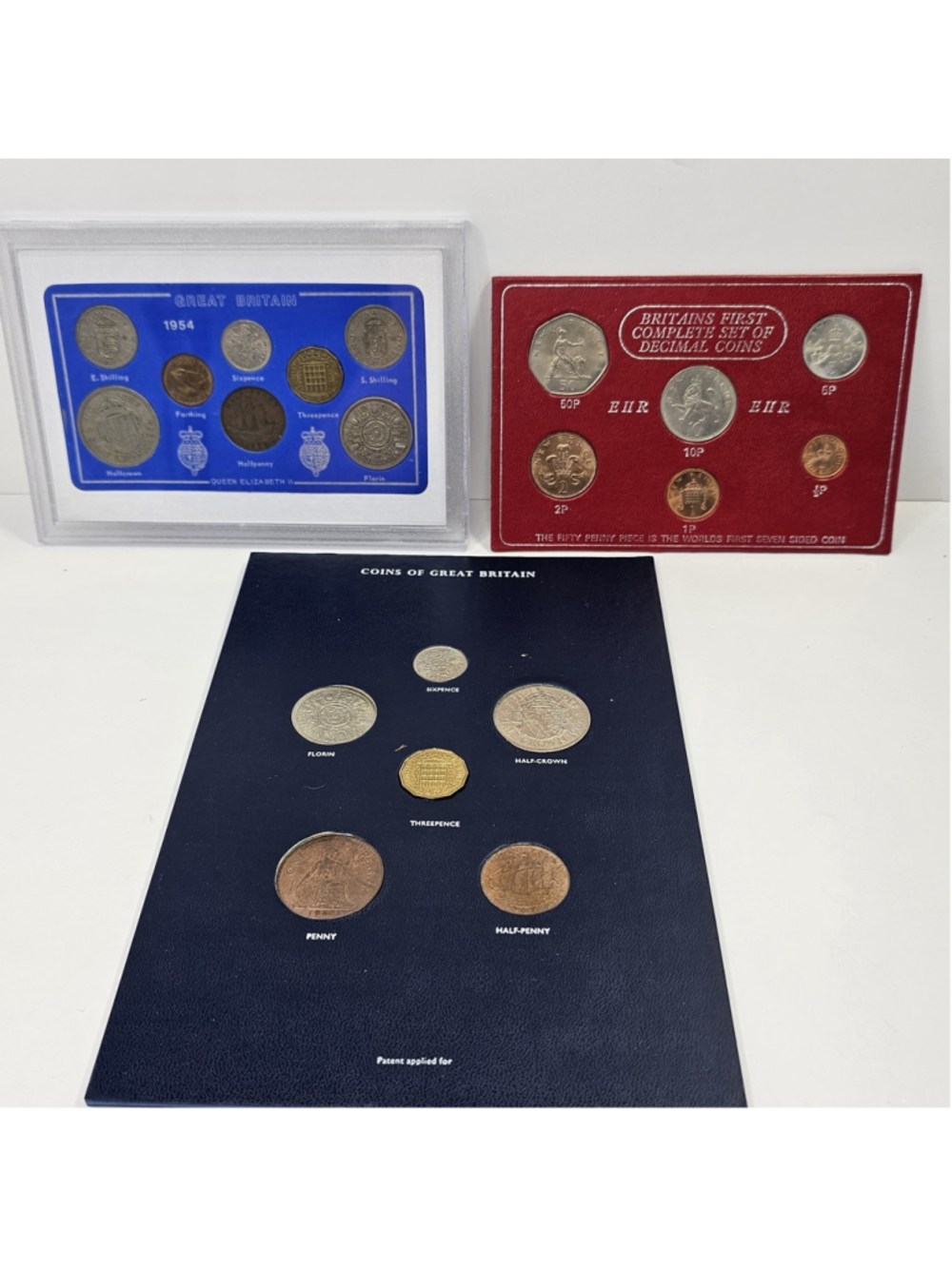 3 Vintage Great Britain Coin Sets 1954 Pre-Decimal & First Decimal Coins UK Lot